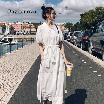 

OL Women's Dress Summer 2020 Waist Tight Single Breasted A- line Dress Puff Sleeve Split Pocket Dress T1402