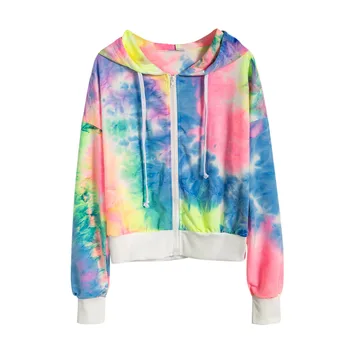 

FREE OSTRICH Women Zipper Hooded Tie-dye Print Long Sleeve Hooded Drawstring Sweatshirt Coat Outwear Coats Casual Loose Clothing