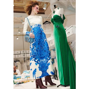 

Runway High Quality 2020 Autumn New Women'S Casual Party Vintage Blue Print White Long Sleeve Elegant Chic Midi Dress