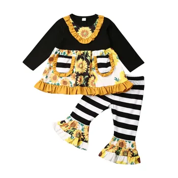 

2Pcs Kids Baby Girl Fall Clothes Sunflower Striped Spliced Sets Ruffles Lace Pockets Dress Striped Flared Pants Outfits 1-6Y