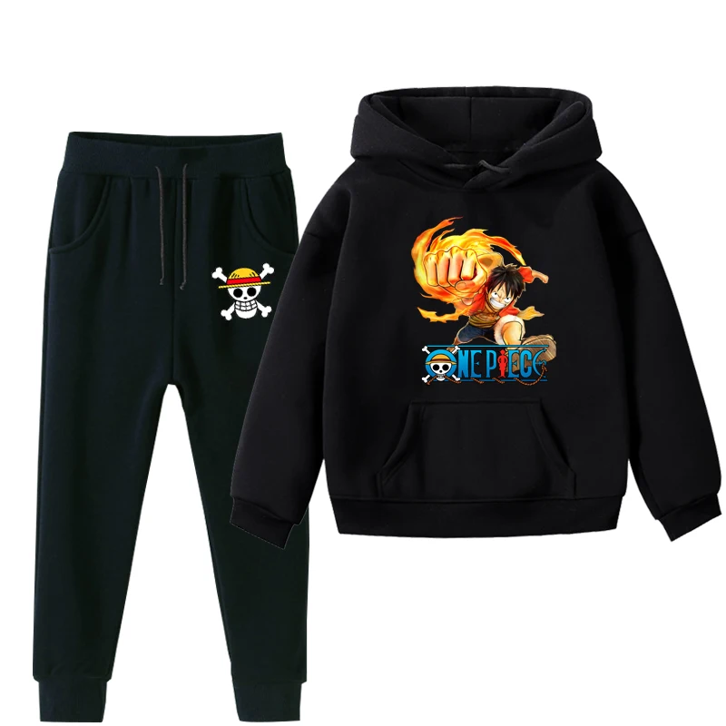 Boys Girls 2Pcs Clothes ONE PIECE Luffy Kids Hoodies And Pant Children Plus Velvet Clothes Set Winter Black Sportsuit For 2-14Y - Цвет: 014