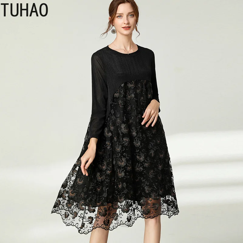 TUHAO 2020 Large Size Dress 4XL 3XL Heavy Industry Embroidery Hollow Out Elegant Dresses Party Office Lady Female WM08 | Женская одежда