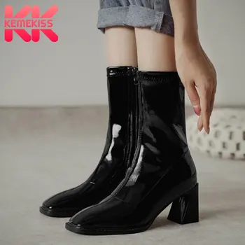

KemeKiss Women Mid Calf Boots Thick Heel Zipper Shoes Patent Leather Square Toe Warm Boots Women Fashion Footwear Size 33-40