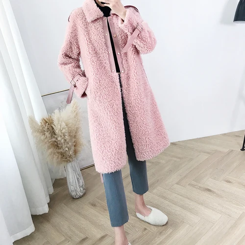 Pink Винтажное пальто с натуральным мехом, Женская шерстяная куртка, зимнее пальто, женская одежда, Корейская длинная стрижка овец, модные топы для женщин 19236 - Цвет: Pink