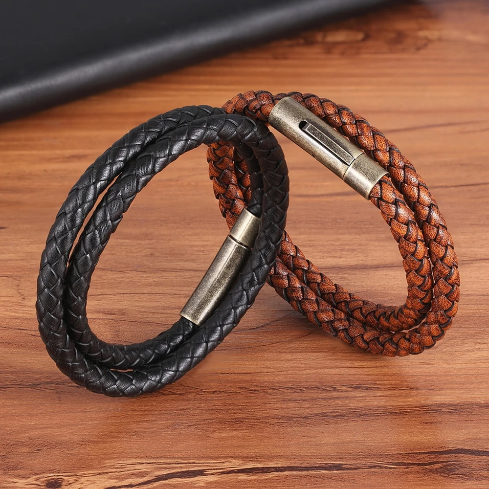 TYO Fashion Double-layer Braided Leather Bracelets Stainless Steel Magnet Clasp Bangle Jewelry For Women Men DIY Customization - Image 5