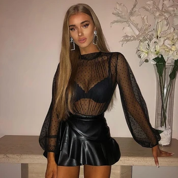 

Sexy Mesh Blouse Women Tops Lantern Sleeve Stand Collar Female Casual Polka Dot Star Shirt Transparent Elegant Tees Hollow Out