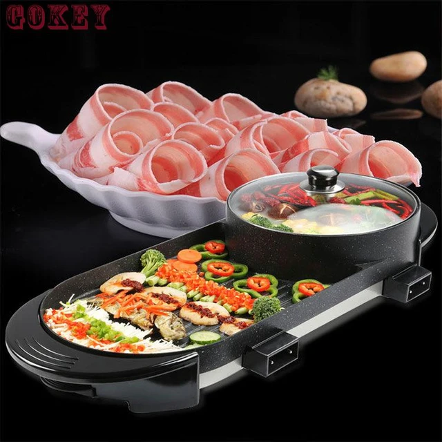 2in1 Hot Pot and Electric Grill Indoor Baking Flat Pan Double-flavor Hotpot  Smokeless Grill Barbecue Flat Griddle Egg Non-stick - AliExpress