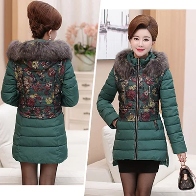 Abrigos mujer invierno, модный принт, зимний женский пуховик, хлопок, средней длины, куртка, парка с капюшоном, меховой воротник, утолщенное пальто - Цвет: green