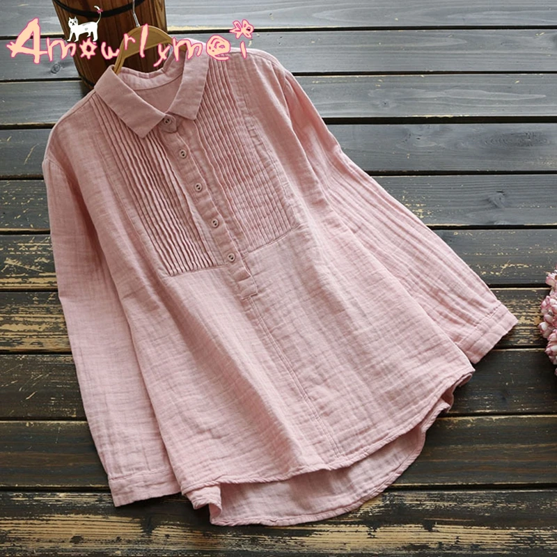 

2019 New Autumn Women's Linen Solid Color Shirt Mori Girl Loose Turn-down Collar Casual Pleated Long Sleeve Blouse Tops