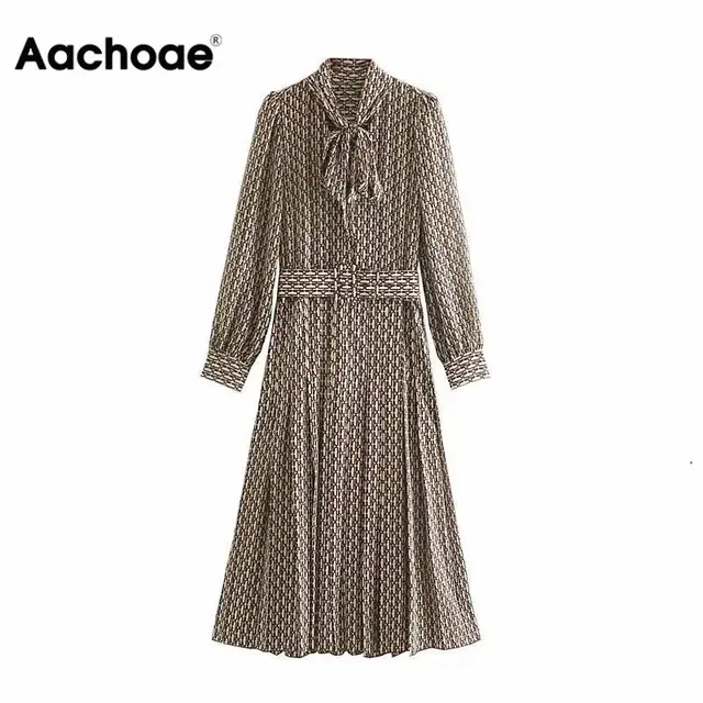 US $15.28 Aachoae Women Elegant Long Dress with Belt Chain Print Bow Tie Neck Office Lady Shirt Dress Long Sl