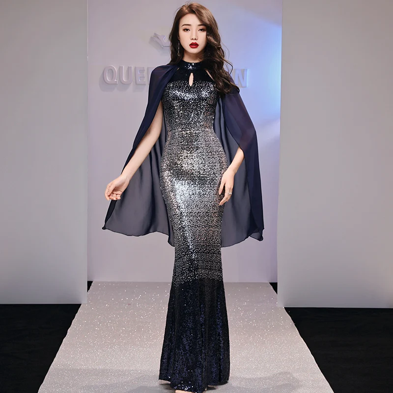 Длинный рукав труба Normcore Qipao Холтер плотный сексуальный женский Cheongsam Градиент блестками Новинка Формальное китайское платье Vestidso