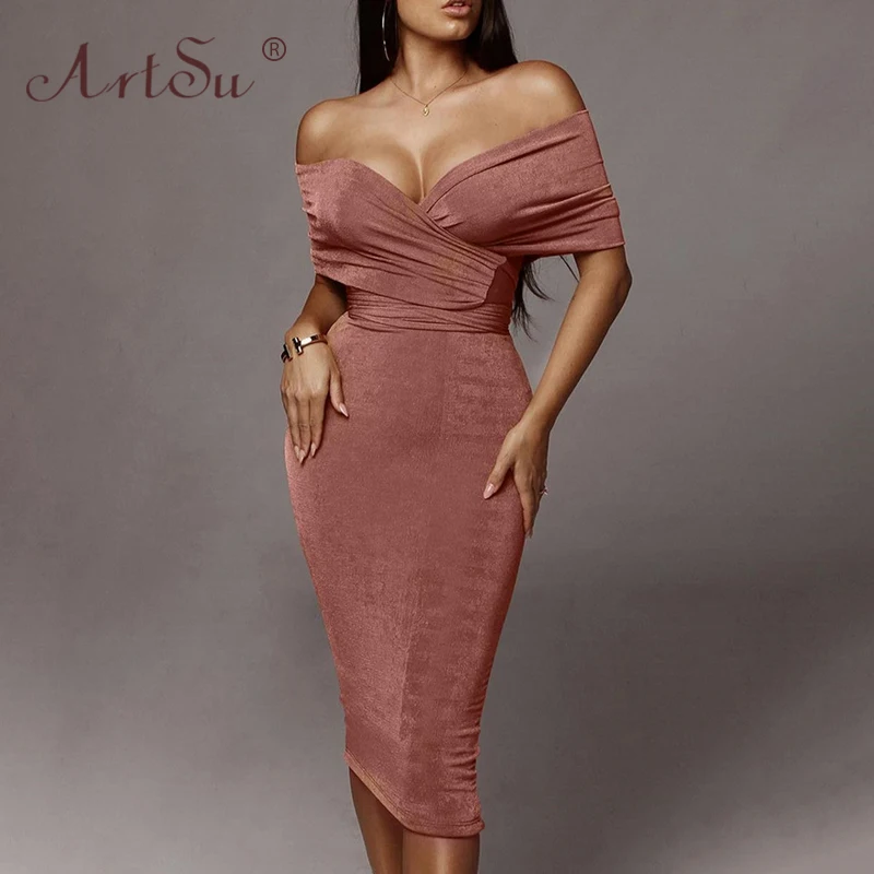 

ArtSu Sexy Women Multiway Wrap Bandage Maxi Dress Off Shoulder Strapless Backless Lace Up Bodycon Long Party Dress Red Pink 2019