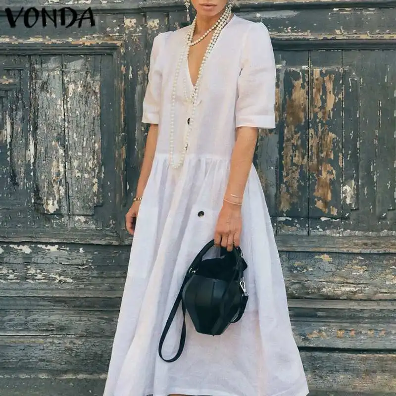 VONDA богемное платье, винтажные вечерние платья макси, длинное платье, летний сарафан, женский сексуальный глубокий v-образный вырез, половина рукава, Vestidos размера плюс