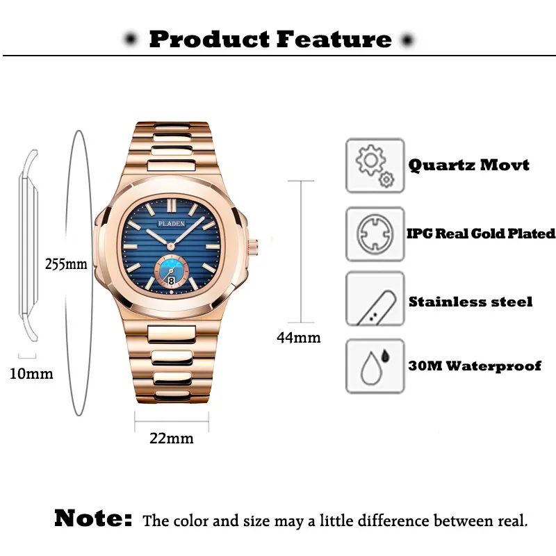 PLADEN Unique Watch Men Luxury Gold Mens Watches Top Brand Luxury Stainless Steel Mens Fashion Blue Quartz Watch Gifts For Men