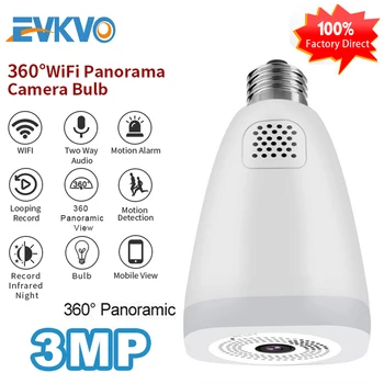 

EVKVO 3MP 360 Degree Bulb Lamp Home Security Panoramic Surveillance CCTV Fisheye IP Camera Two Ways Audio Baby Monitor Wifi Cam