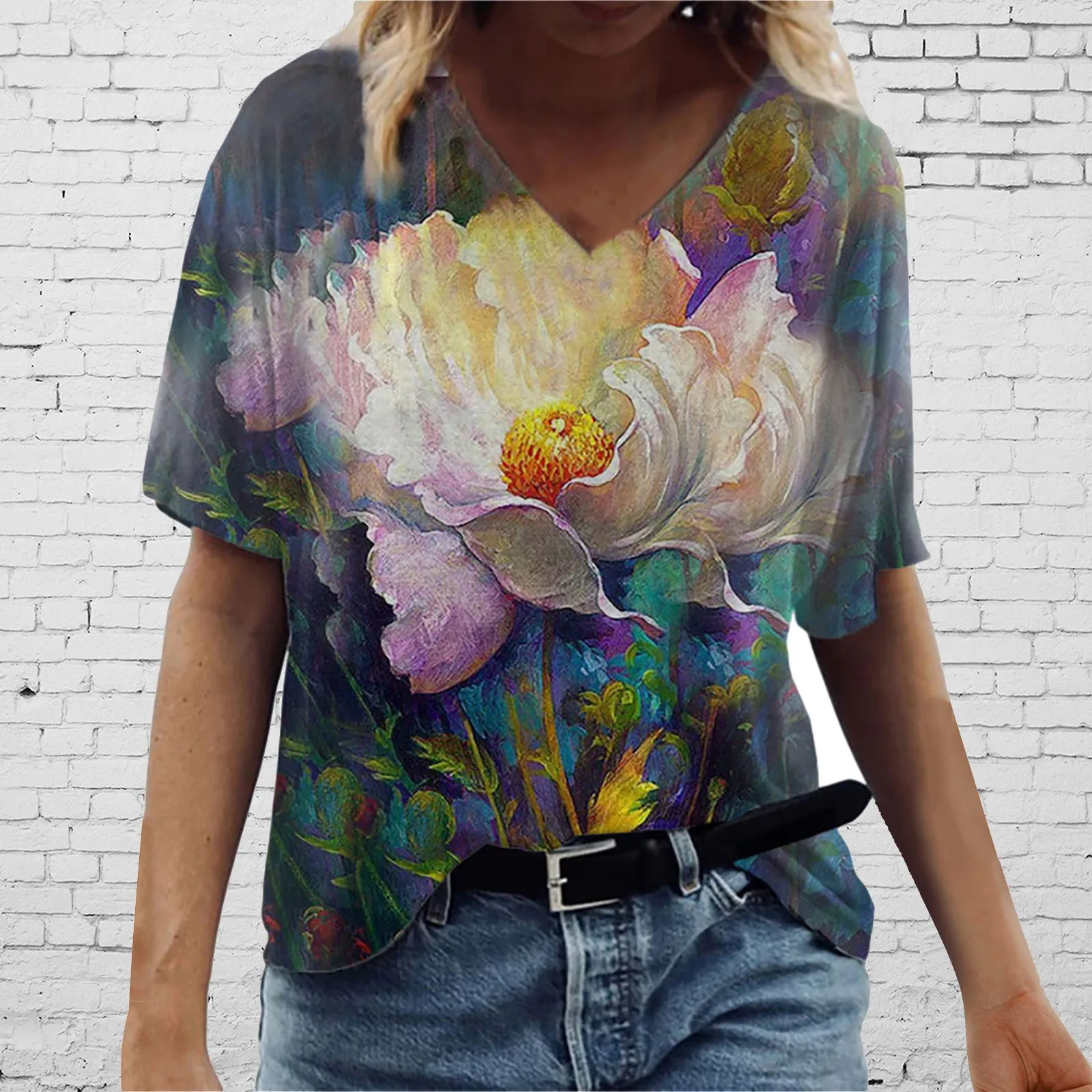 4 # clip art, Mujer Camisas Harajuku de talla grande manga corta blusas de cuello camiseta mujer 2020 Casual blusas de verano