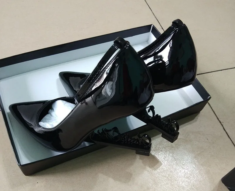 Женская обувь размер 4, 34, черные туфли-лодочки из лакированной кожи на очень высоком каблуке с острым носком и ремешком на щиколотке