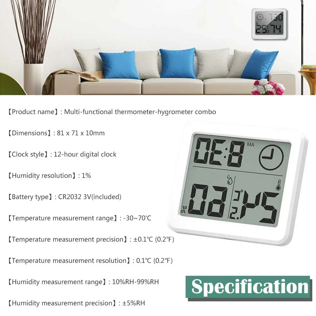 Multifunction Thermometer Hygrometer Automatic Electronic Temperature Humidity Monitor Clock 3.2inch Large LCD Screen