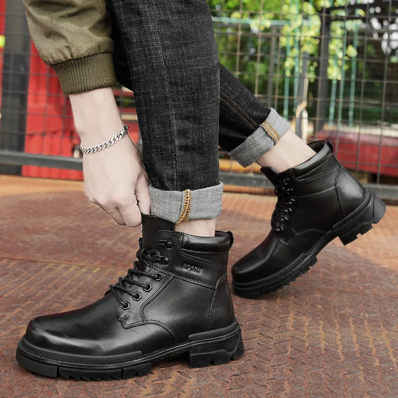 

Martin boots men's leather winter high cotton shoes plus velvet outdoor tooling boots men's leather shoes large size 45 men's sh
