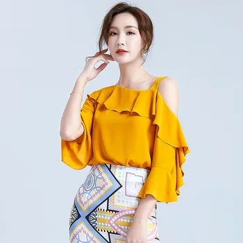 

2020 Women's flounces slant collar stitching chiffon shirt solid color non-elastic seven-point sleeve loose top women