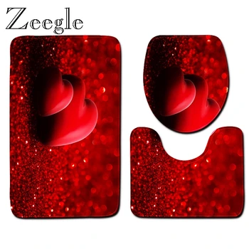 

Love Printed Toilet Set Anti-slip Bathroom Shower Mat Flannel Toilet Seat Cover Absorbent Toilet Pedestal Rug 3pcs Bath Mat Set