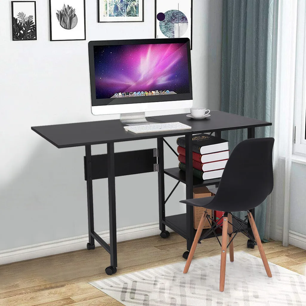 

Foldable Removable Desktop Computer Desk With Two Layers Storage Shelves Study Table For Home Office Black компеѬнй сол E3