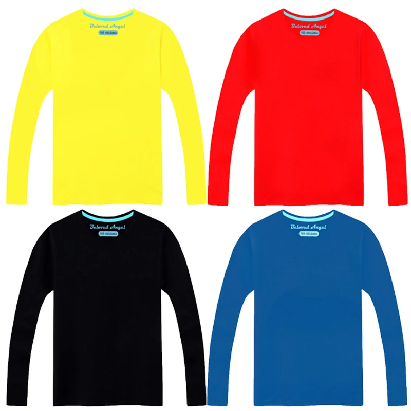 T-shirt à manches longues en coton pour enfant, vêtement pour garçon et fille, couleur unie, noir, bleu, jaune, rouge, nouvelle collection automne printemps