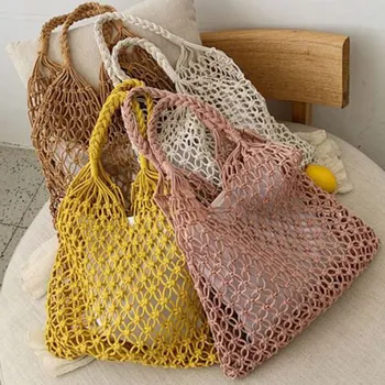 

1 PC Big Hollow Woven Handbag Cotton Linen Knitted Large Capacity Shoulder Bag Women Girls Beach Double Layer Shoulder Handbag
