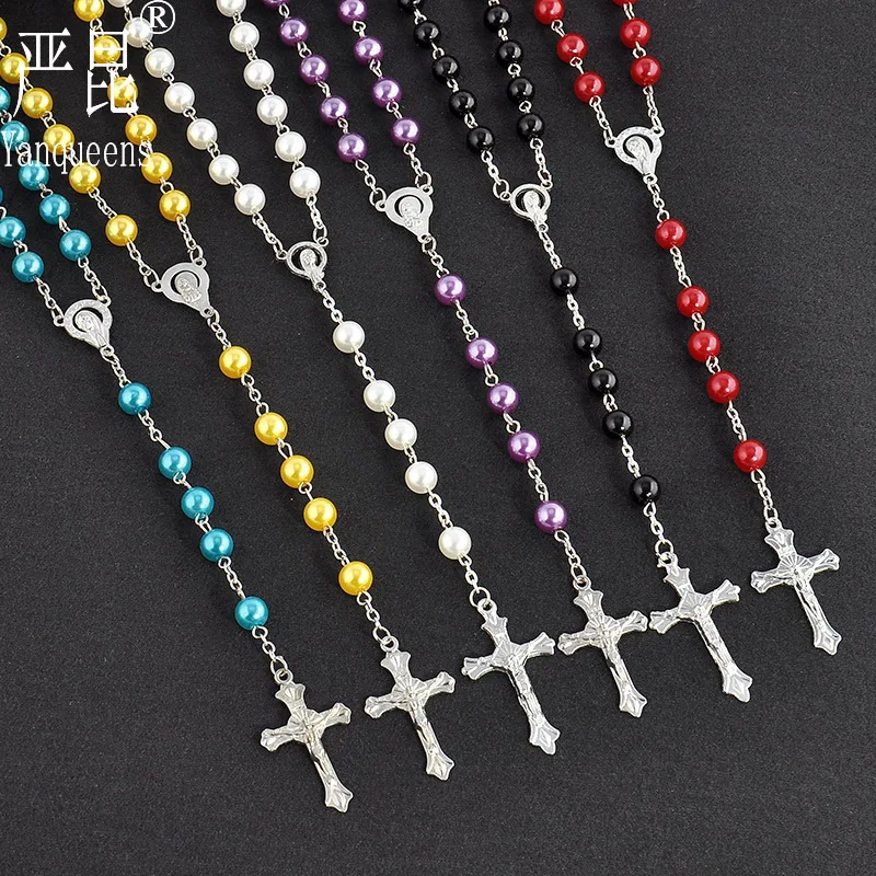 

Accessories Imitation Pearl Cross Beads Long Christianity Necklace Men And Women-Sweater Chain