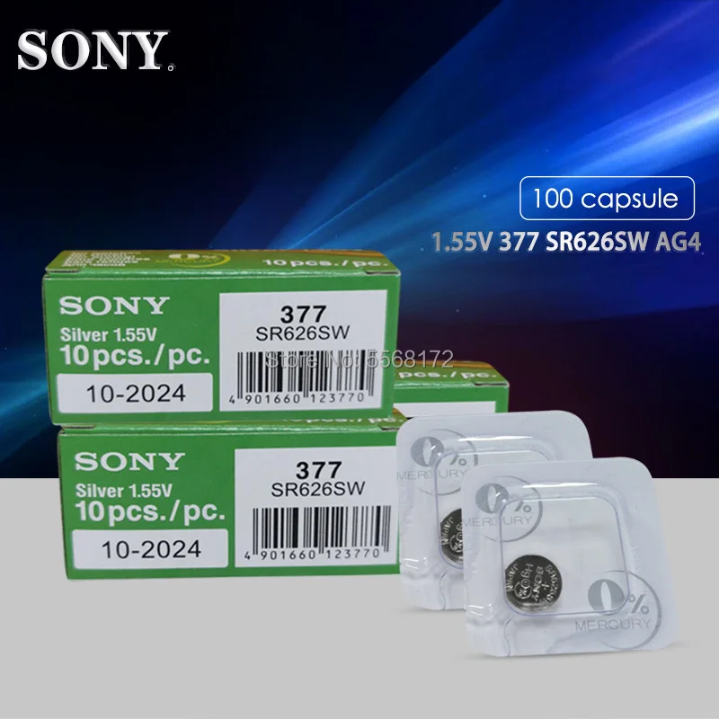 100 шт. SONY 1 55 в AG4 LR626 377 кнопочные батареи G4 SR626 элементы монета Серебряный оксид 626A