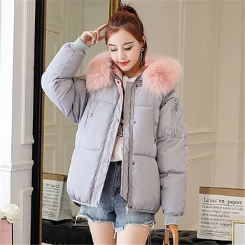 

2019 Women Winter Jacket Girls Cute Short Cocoon Coat Female Warm Ear Large Fur Hooded Thick Padded Jacket Outwear Parkas CM004