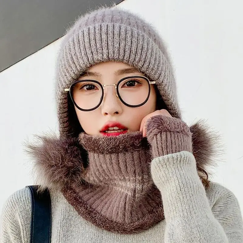 Модная зимняя Толстая кашемировая теплая шапка, шарф, помпоны, зимняя женская вязаная шапка из искусственного меха, шерстяная шапка, перчатки, лыжный Комплект из трех предметов