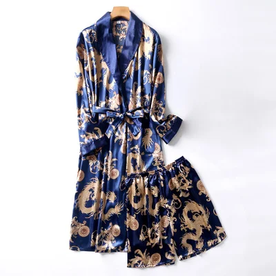 robe shorts set 4 Банный халат для мужчин; комплект из двух предметов; ночная рубашка; атласная Мужская одежда для сна; свободный халат с длинными рукавами и длинные брюки; банный халат для мужчин - Цвет: robe shorts set 4