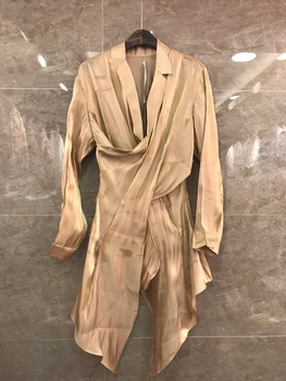 

2020 Spring and Summer New Women's Lapel Gold Flash Irregular Cut Long Sleeve Midi Shirt 616