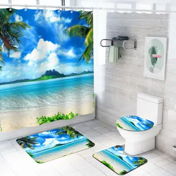 

Blue sky pattern bathroom sets with Waterproof Polyester fabric Shower Curtain flannel floor mat toilet lid cover U-shaped pad