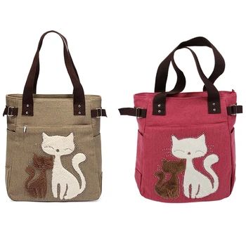

2x Women's Messenger Handbag Canvas Bag with Cute Cat Small Shopping Shoulder Bag Khaki & Red