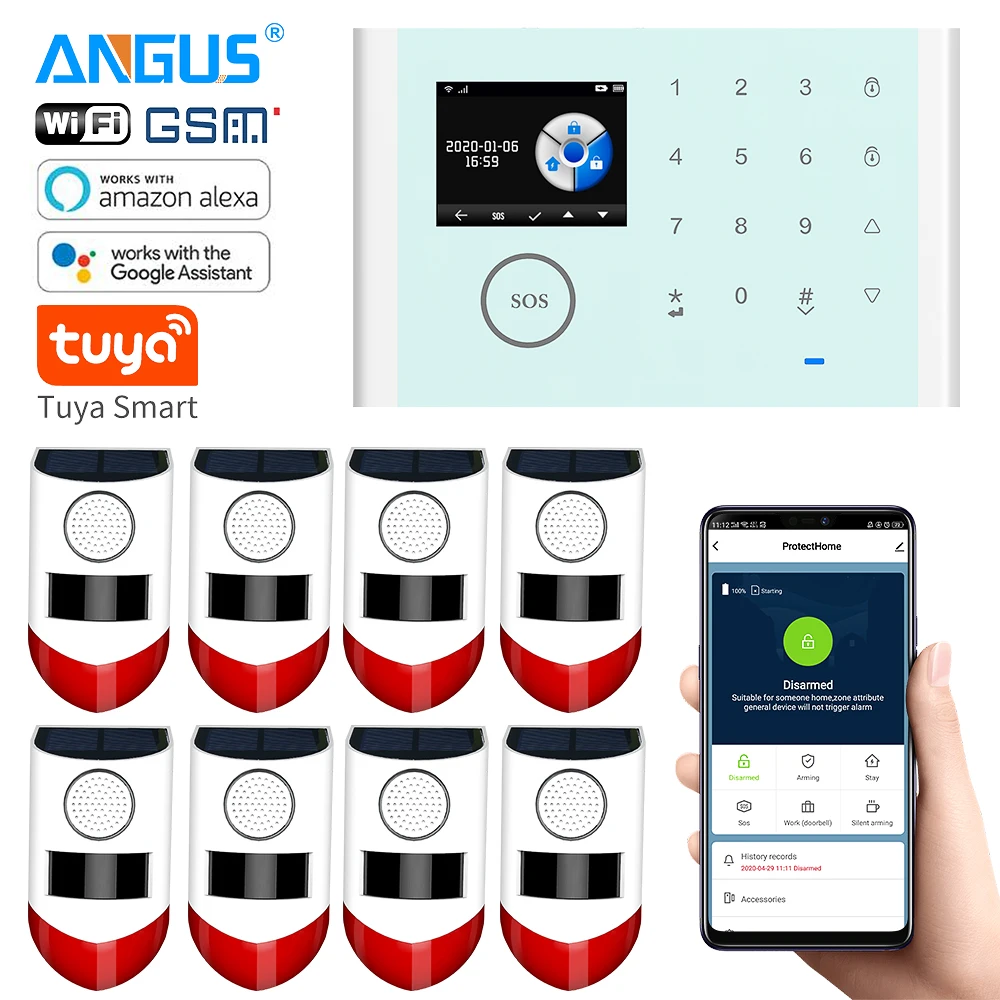 

Augus Two-way Control Home Alarm Security System Burglar and Intruder Detection Alarms with 120db 433MHz Outside Solar PIR Siren