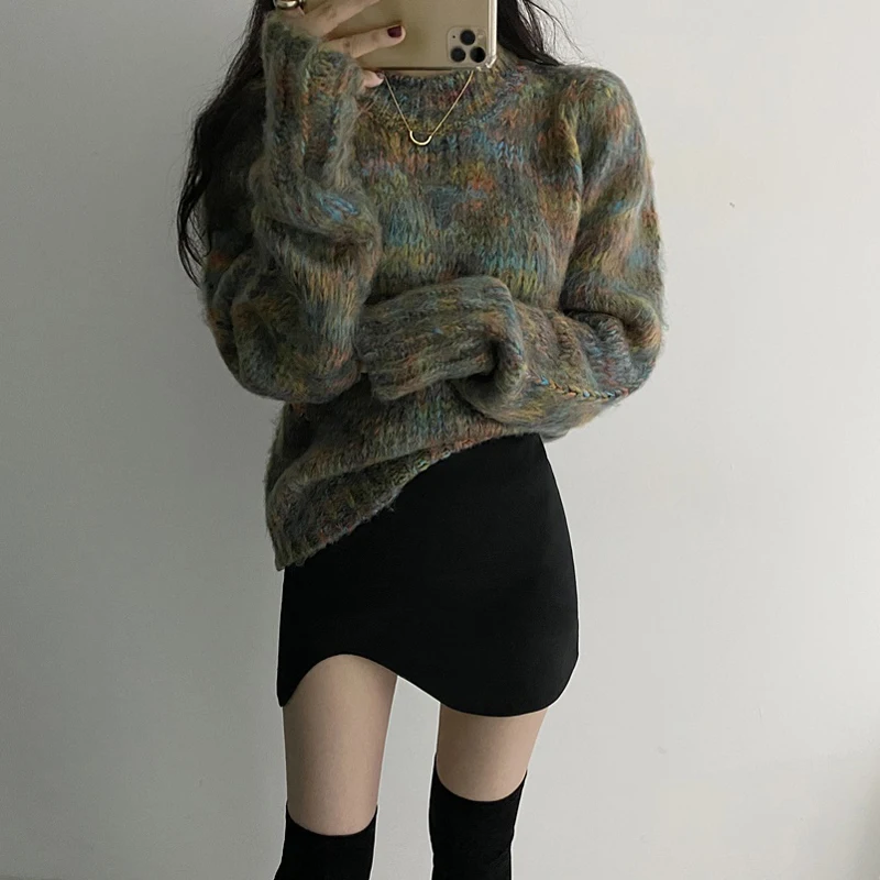 

One-Piece Winter Women Outfit Female Korean Mixed Color Line Loose Knitted Sweater Pullover Top Ladies Irregular Skirt Suit