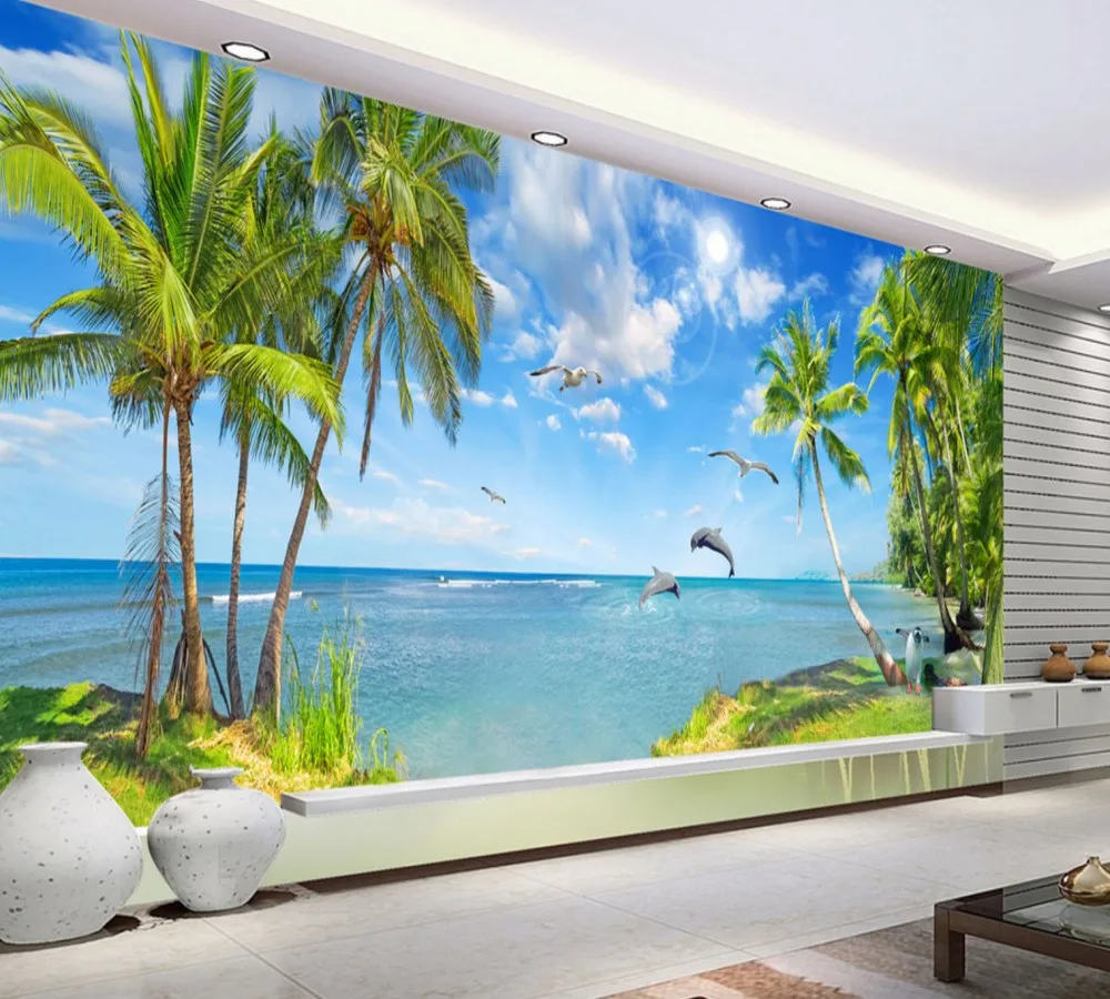 

Drop Shipping Beautiful Seascape Landscape Dolphin Bay Mediterranean Coconut Palm Living Room Wall Custom Living Room Mural