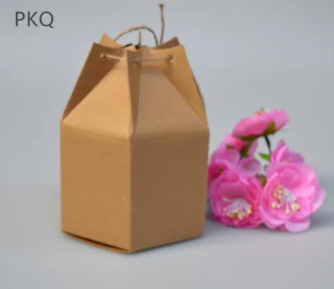 

100pcs Wholesale Wedding Candy Box Brown Kraft Paper Gift Box for Biscuits Hexagonal Retro Tea Packaging Box Party Supplies