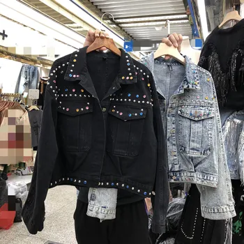 

2020 Spring New Korean Loose-Fit Denim Jacket Short Coat Women's Heavy Industry Beaded Color Diamond Denim Jean Jacket Coat