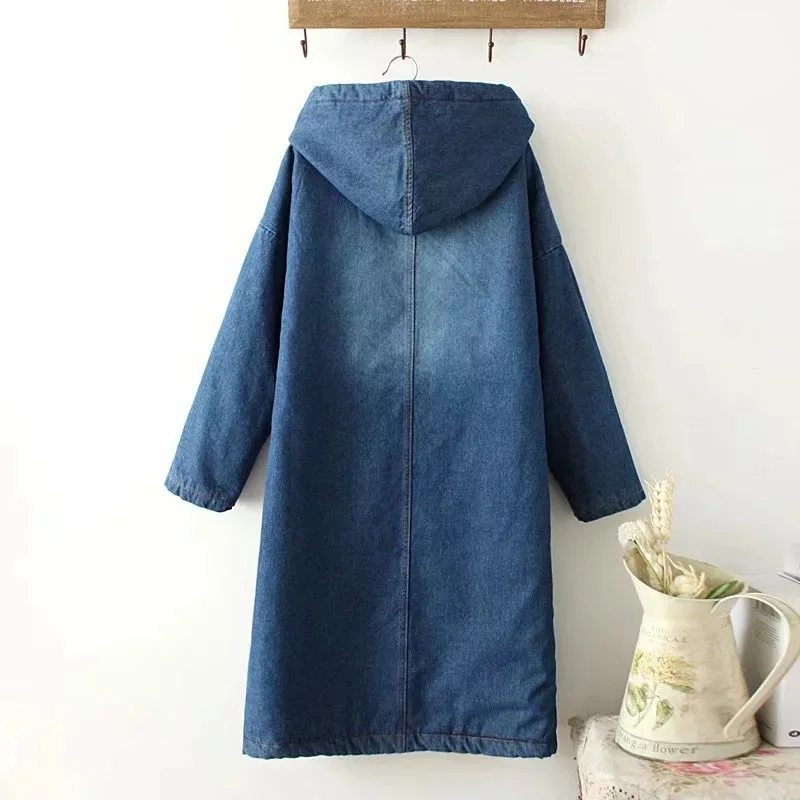 

2018 Winter Korean-style Mori Girl Line Simple Solid Color Loose-Fit Long Cowboy Cotton Coat Brushed And Thick Cotton-padded Clo
