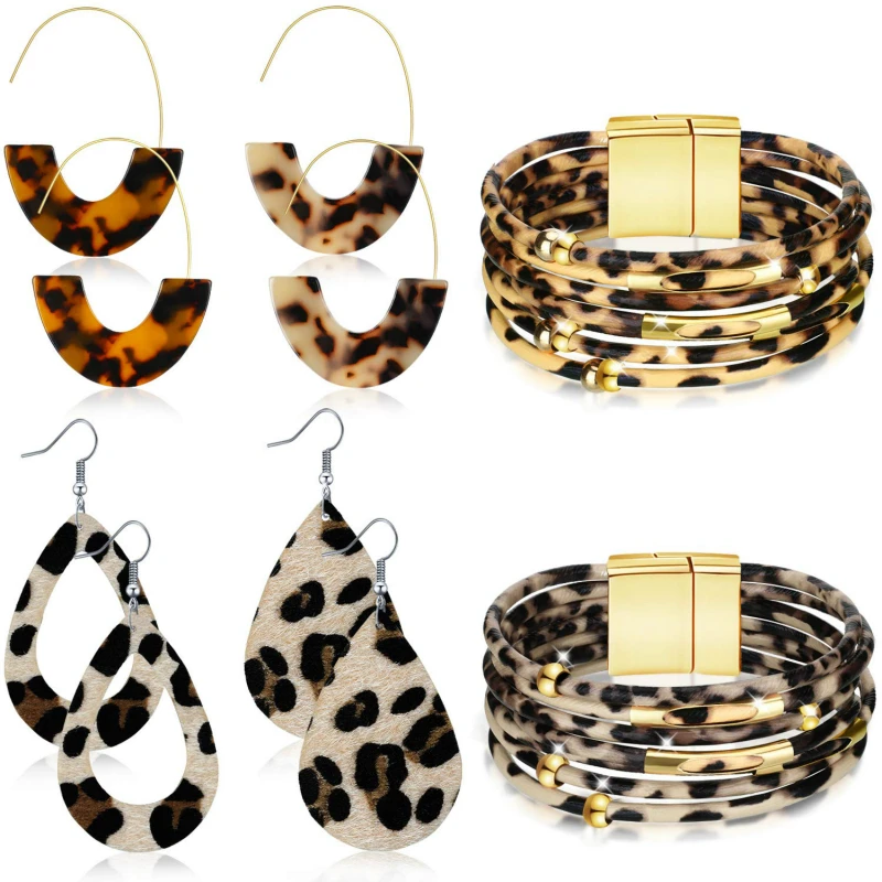 Леопардовый набор украшений для женщин Леопардовый кожаный браслет каплевидные висячие серьги длинные кисточки кулон ожерелье комплект ювелирных изделий