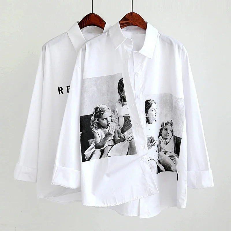 

2019 Korean Casual Loose Shirt Women Spring Autumn Solid Turn Down CollarCharacters Print White Blouse and Shirts