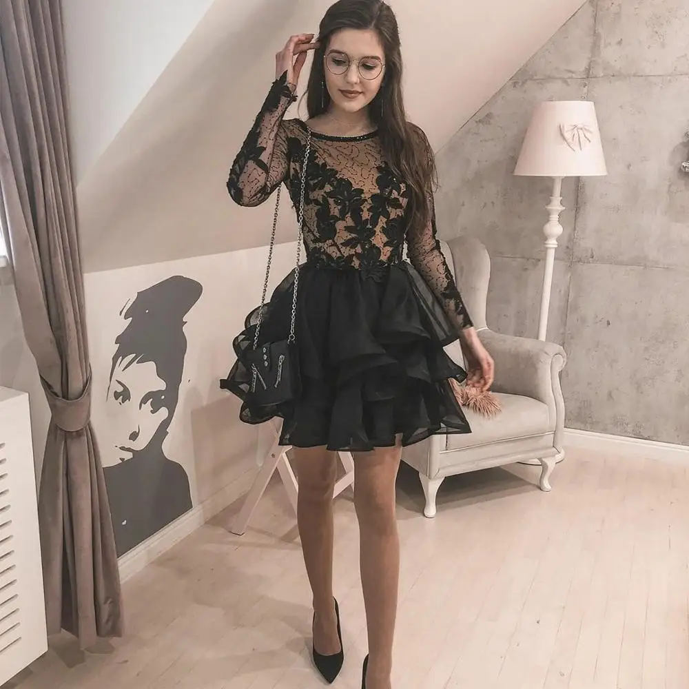 

2020 Black Cocktail Party Dresses Long Sleeves Illusion Appliqued Short Prom Evening Gowns Tiered Ruffle Skirt Club Wear