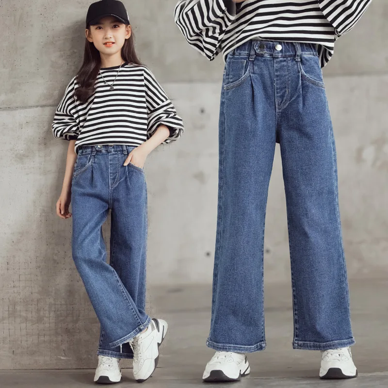 Jeans for Girls Cotton Wide Leg Pants Big Kids Loose Straight Denim Trousers Fashion Casual School Children 4 8 10 12 15 Y | Мать и