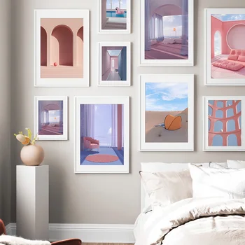 

Door Sofa Bed Desert Tent Pink Building Wall Art Canvas Painting Nordic Posters And Prints Wall Pictures For Living Room Decor