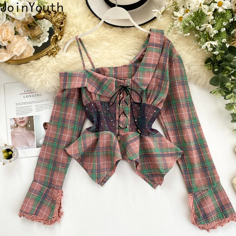

Joinyouth Harajuku Shirts Women 2019 Plaid Blouses Waist Tight Lace Up Full Korean Strapless Tops Flare Sleeve Short Female 178
