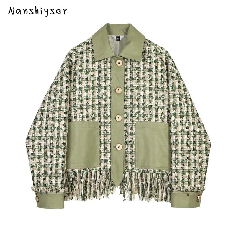 

Autumn 2020 Loose Faux PU leather Splicing Green Plaid Tweed Tassels Elegant Jacket Lapel Long Sleeve Women Coat Casual Fashion