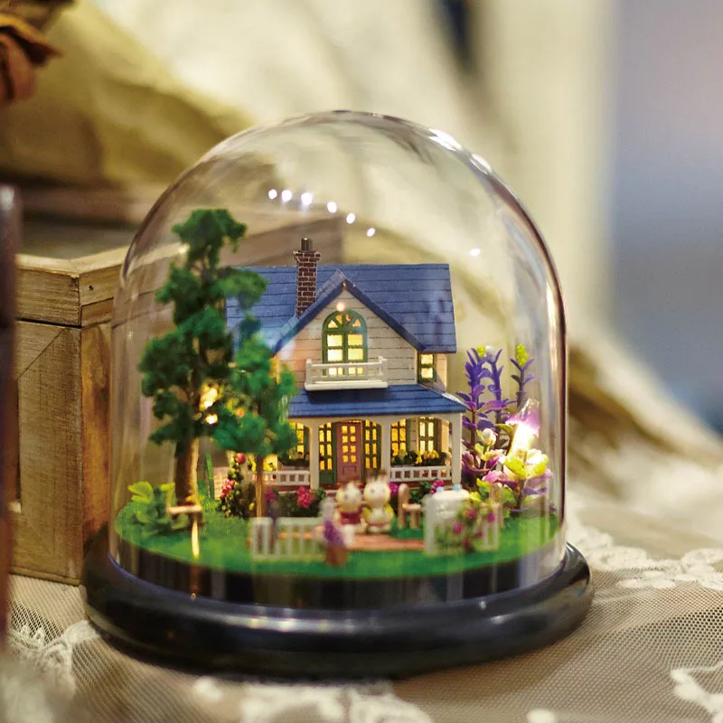 

B014 Romantic Manor DIY Creative Cabin Architecture Model Assembled Mini Miniature Scene Glass Cover New Products